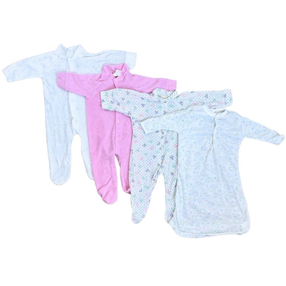 Vintage Baby Girl Sleeper Bundle 4 Pc Footed Pajamas Gown Newborn 0-3M